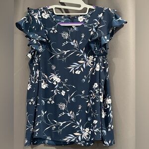 Navy Blue Floral Ruffled sleeve Blouse